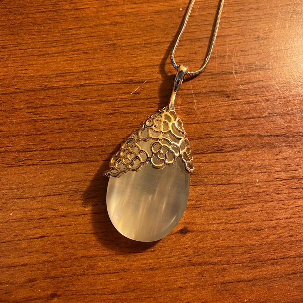 Large opal stone long gold necklace